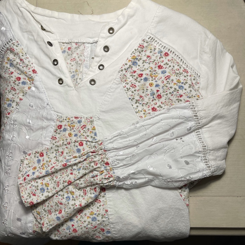 Vintage handmade lace up patchwork eyelet blouse top
